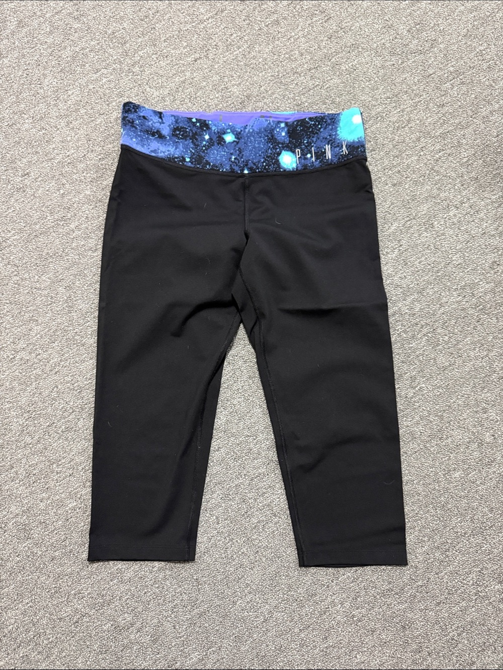 PINK Victoria's Secret Black Capri Leggings with Blue Galaxy Waistband size smal